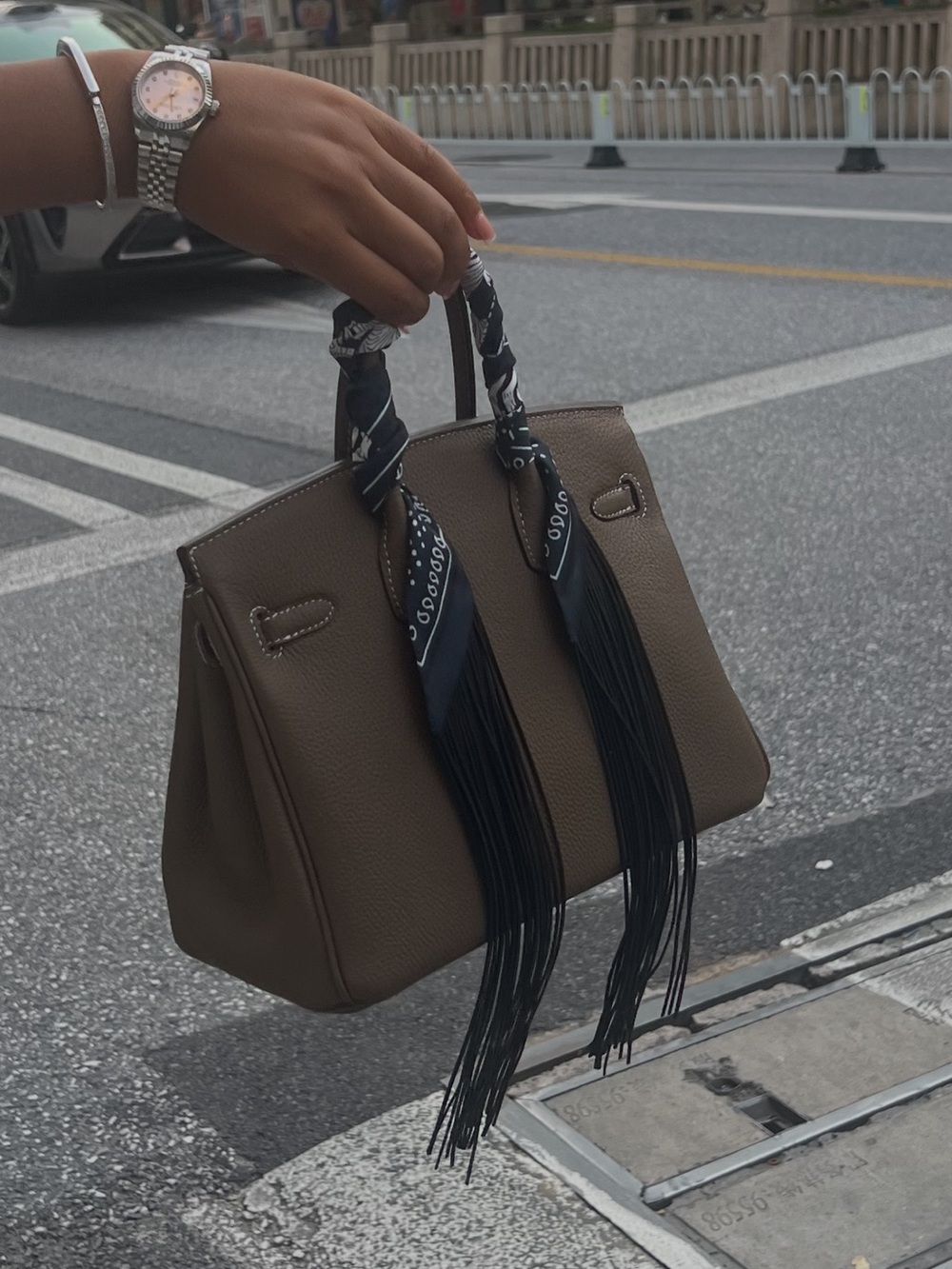 Elegant Taupe/ olive green Women’s Satchel with removable fringe ribbon. - Picture 9 of 10